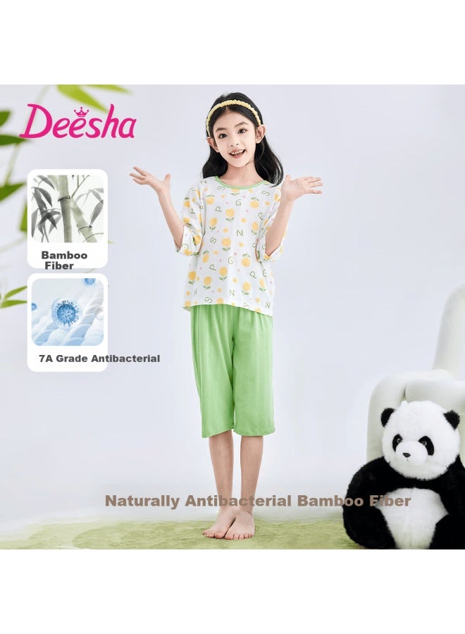 Deesha 7a Antibacterial Bamboo Fiber Series Girls' Summer Three-quarter Sleeve Kids' Homewear Skin-friendly Pajamas - Image 1