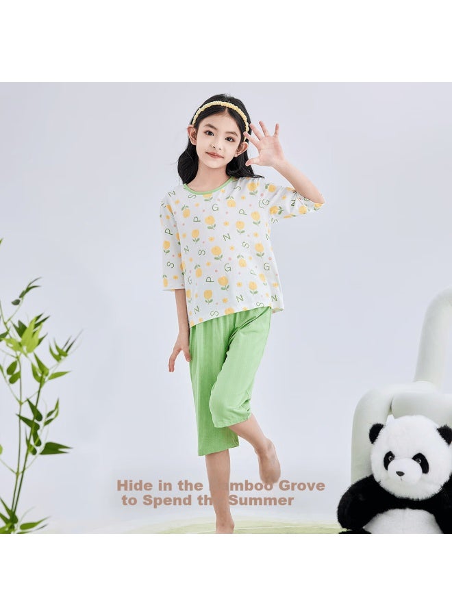 Deesha 7a Antibacterial Bamboo Fiber Series Girls' Summer Three-quarter Sleeve Kids' Homewear Skin-friendly Pajamas - Image 2