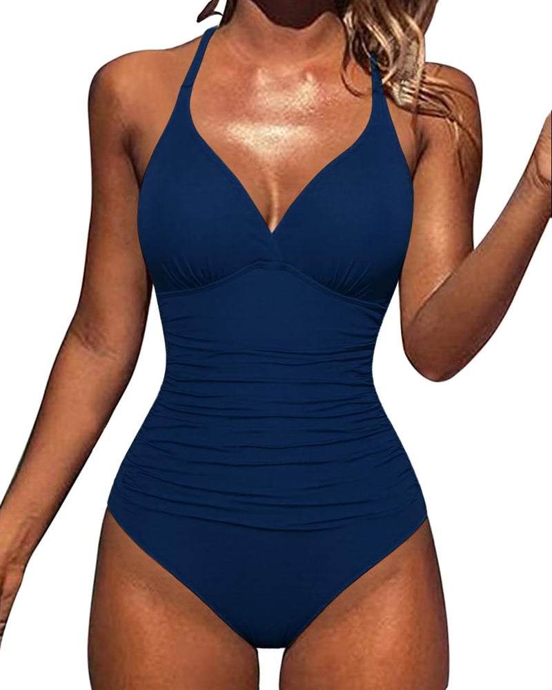 Hilor Women's Shirred Halter One Piece Swimsuits Macrame Back Swimwear Solid Bathing Suit Navy 12 - Image 5
