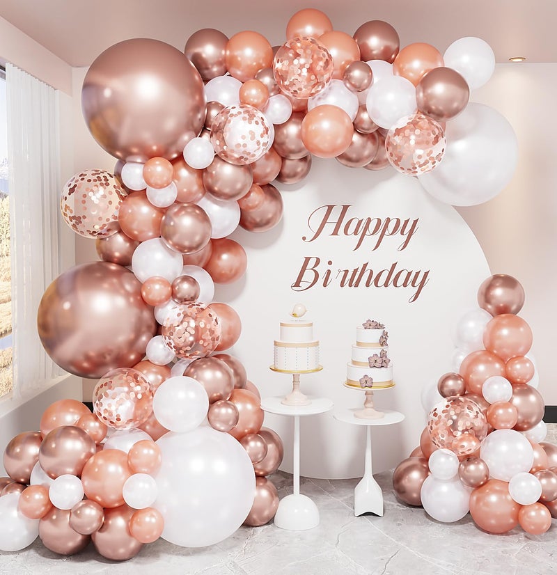Haolongfa Rose Gold Balloon Garland Arch Kit, 134 Pcs Mothers Day Balloon Arch Kit, Multi-Size Metallic Rose Gold White Confetti Balloons for Mothers Day Decor, Bridal Shower, Wedding, Retirement, Baby Shower - Image 1