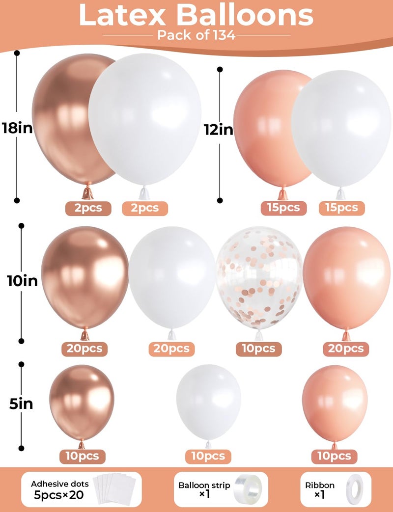 Haolongfa Rose Gold Balloon Garland Arch Kit, 134 Pcs Mothers Day Balloon Arch Kit, Multi-Size Metallic Rose Gold White Confetti Balloons for Mothers Day Decor, Bridal Shower, Wedding, Retirement, Baby Shower - Image 4