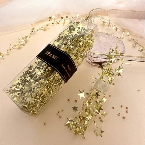 TeaSu Glitter Gold Star Garland for Floating Candle Centerpieces, 12Pcs 38 Inch Tinsel Star Vase Filler for Weddings, Christmas - Gold - Image 5