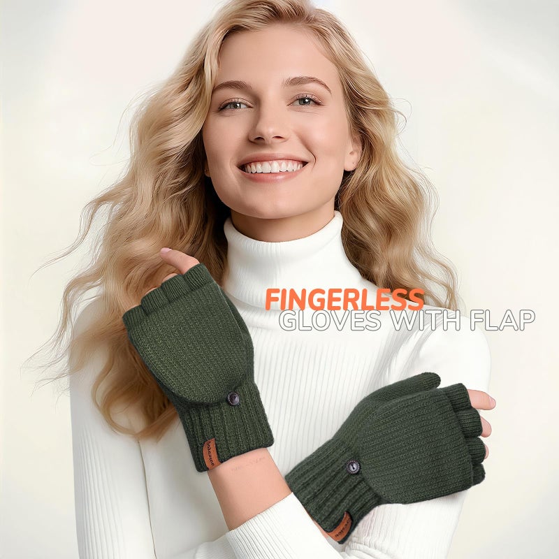 Doyesiee Winter Fingerless Gloves for Women Men Warm Knitted Convertible Mittens With Finger Flaps Fleece Women's Mittens (Army Green, One Size) - Image 2