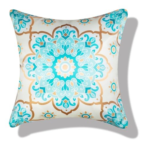 Vendola Decorative Satin Sofa Cushion Covers Set of 5, 16 inch x 16 inch, Sofa Pillow Cover, Ethnic Festive, White and Blue, Mandala Design, Zipper Closure (Mandna, 16X16 Inches) - Image 4