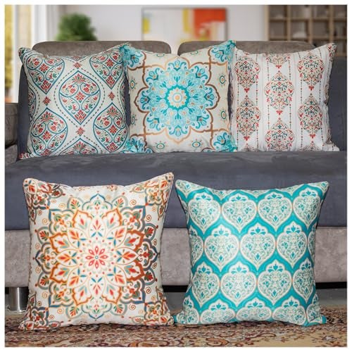 Vendola Decorative Satin Sofa Cushion Covers Set of 5, 16 inch x 16 inch, Sofa Pillow Cover, Ethnic Festive, White and Blue, Mandala Design, Zipper Closure (Mandna, 16X16 Inches) - Image 1