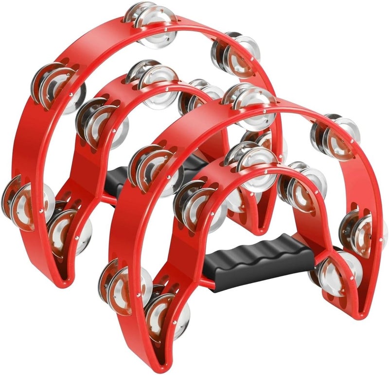 Flexzion Tambourine Metal Half Moon Musical Instruments Double Row Metal Jingles Hand Held Instruments Percussion with Ergonomic Handle Grip, Tambourines for Adults, 2 Packs - Red - Image 1