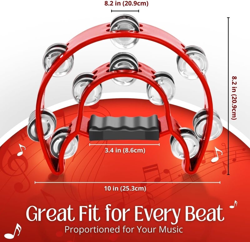 Flexzion Tambourine Metal Half Moon Musical Instruments Double Row Metal Jingles Hand Held Instruments Percussion with Ergonomic Handle Grip, Tambourines for Adults, 2 Packs - Red - Image 4