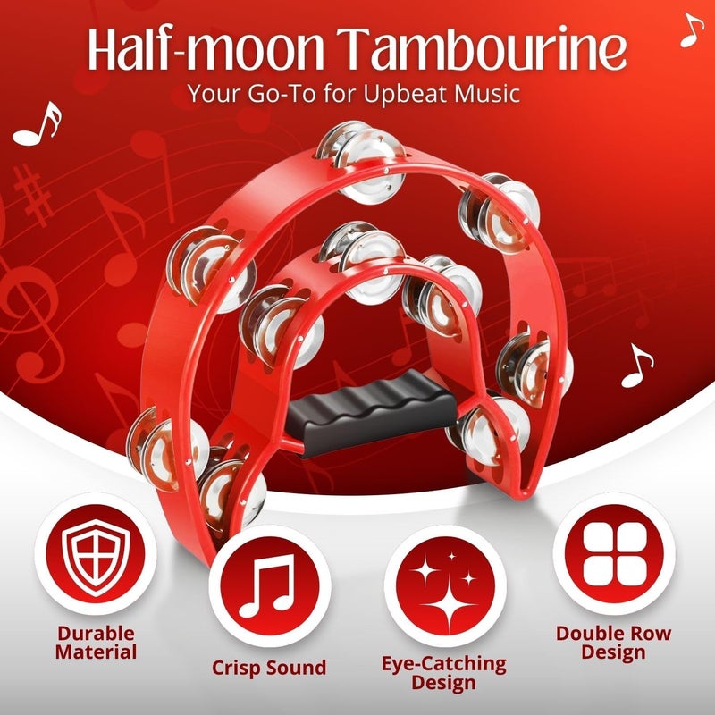 Flexzion Tambourine Metal Half Moon Musical Instruments Double Row Metal Jingles Hand Held Instruments Percussion with Ergonomic Handle Grip, Tambourines for Adults, 2 Packs - Red - Image 2