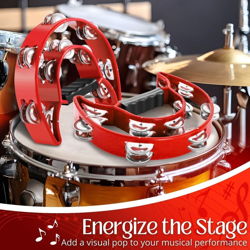 Flexzion Tambourine Metal Half Moon Musical Instruments Double Row Metal Jingles Hand Held Instruments Percussion with Ergonomic Handle Grip, Tambourines for Adults, 2 Packs - Red - Image 5