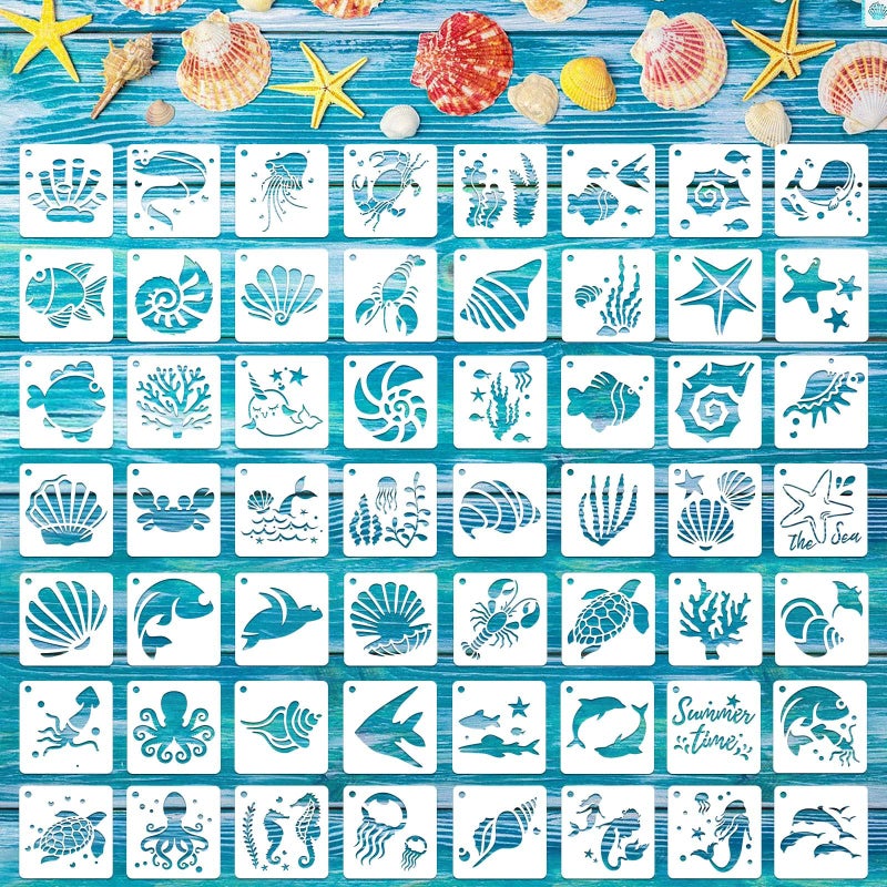 Augshy 56 Pack Sea Creatures Stencils - Ocean Animal DIY Pattern Stencils for Wall, Floor Decor & Rock Painting Art Projects (3inch) - Image 1