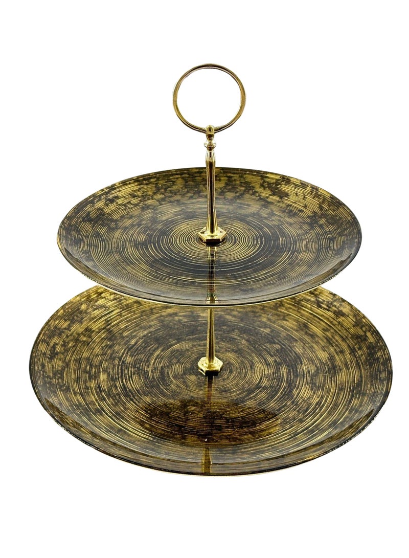 صحن تقديم زجاج 2 دور 28 سم أسود ذهبي