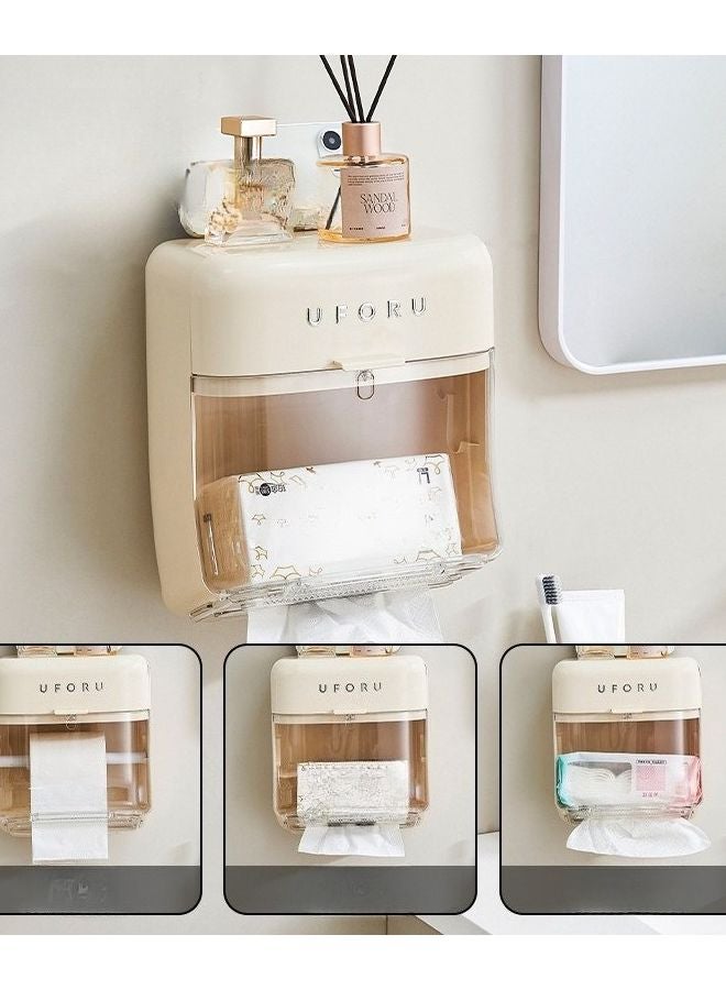 Beige Wall Mounted Tissue Holder With Door Cover Space Saving Hygienic Storage Organizer - Image 5