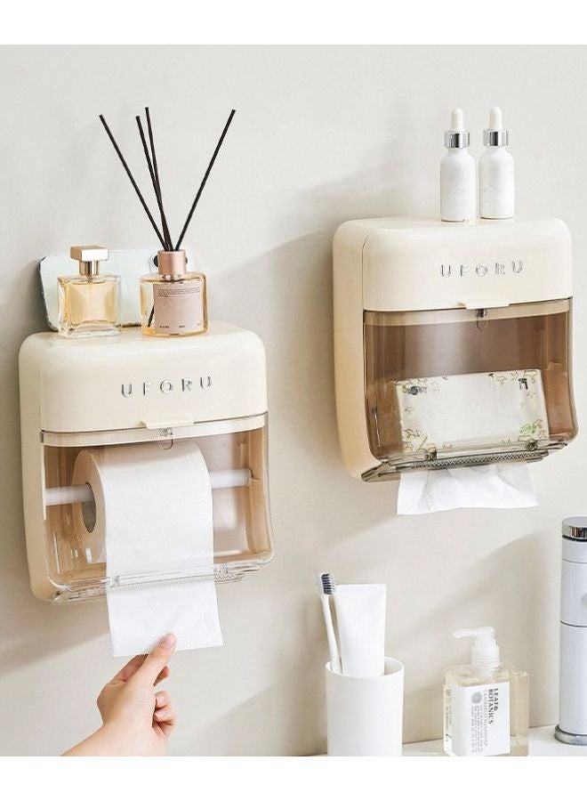 Beige Wall Mounted Tissue Holder With Door Cover Space Saving Hygienic Storage Organizer - Image 2