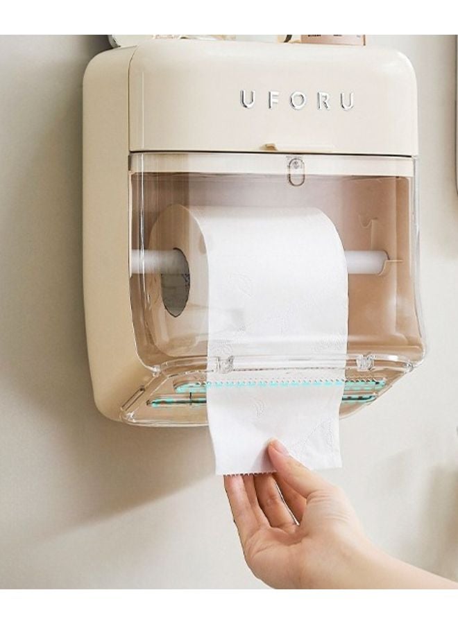 Beige Wall Mounted Tissue Holder With Door Cover Space Saving Hygienic Storage Organizer - Image 3