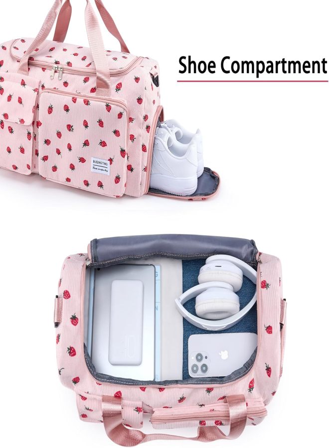 Large Capacity Corduroy Luggage Bag Strawberry Travel Bag Pink - Image 3