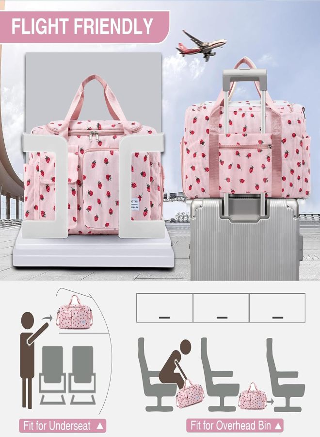 Large Capacity Corduroy Luggage Bag Strawberry Travel Bag Pink - Image 4