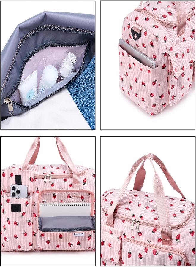 Large Capacity Corduroy Luggage Bag Strawberry Travel Bag Pink - Image 2