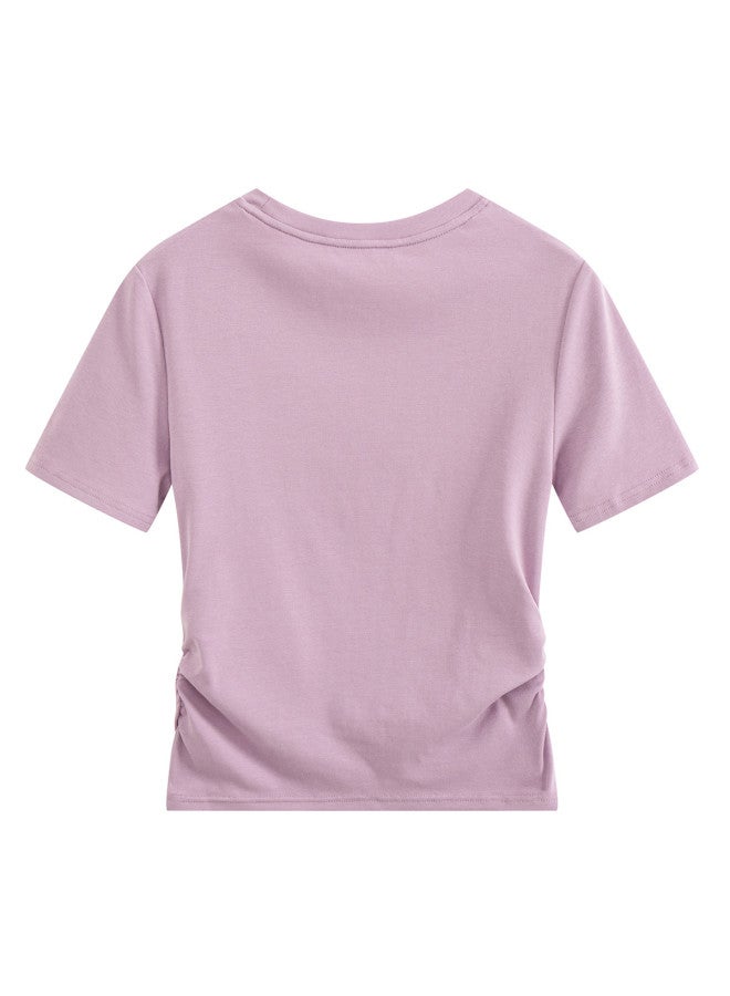 Baleno Round Neck T-shirt Women 2025 Summer Waist-gathered Ruffle Design Short Sleeve Ladies' Knotted Button Embellished Letter Print Tee - Image 4