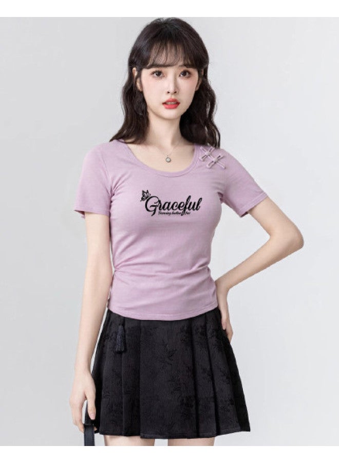 Baleno Round Neck T-shirt Women 2025 Summer Waist-gathered Ruffle Design Short Sleeve Ladies' Knotted Button Embellished Letter Print Tee - Image 1