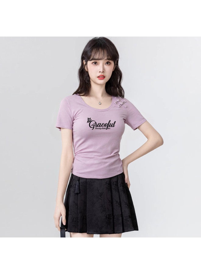Baleno Round Neck T-shirt Women 2025 Summer Waist-gathered Ruffle Design Short Sleeve Ladies' Knotted Button Embellished Letter Print Tee - Image 2