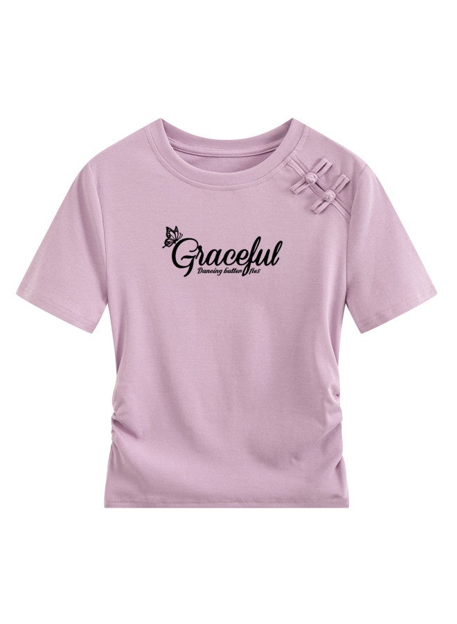 Baleno Round Neck T-shirt Women 2025 Summer Waist-gathered Ruffle Design Short Sleeve Ladies' Knotted Button Embellished Letter Print Tee - Image 3