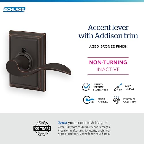 SCHLAGE Accent Lever with Addison Trim Non-Turning Lock in Aged Bronze - Right Handed - F170 ACC 716 ADD RH - Image 3