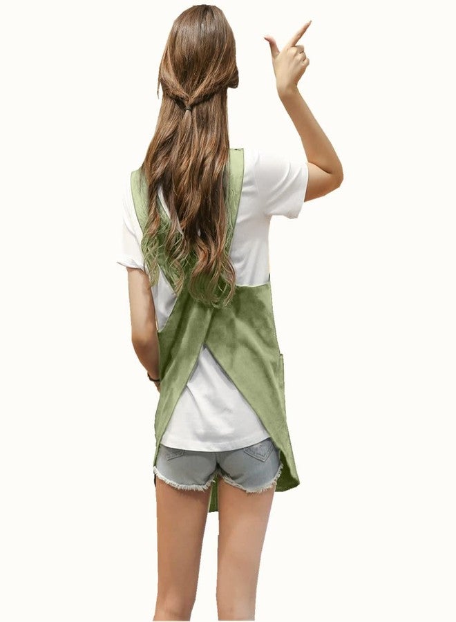 AOBBYBBS Cotton Linen Aprons Halter Cross Bandage Shortened Design Japanese Round Skirt (Shallow Grass Green) - Image 2
