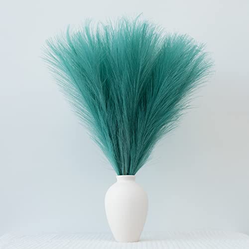 EVODIS Pampas Grass Decor, Fluffy Faux Pampas Grass 6 Stem 18"/45cm Pompous Grass Small Flower Arrangement and Vase Filler for Boho Home Wedding Decoration (Lake-Green) - Image 1