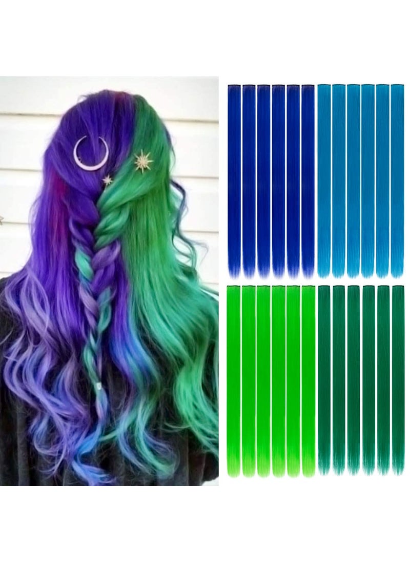 HH FASHION 24 Packs Colored Hair Extensions 20Inch Straight MultiColors Party Highlights Clip In Hair Extension Synthetic Rainbow Hairpieces for Girls Kids GiftBlue Dark Blue Green Grass Green 