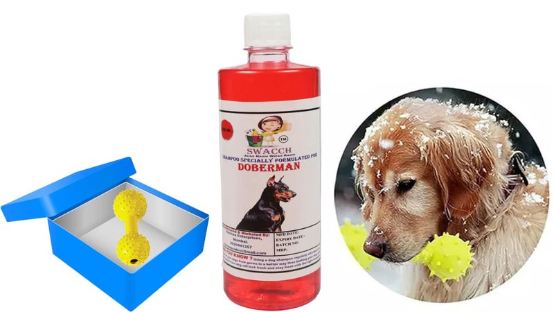 swacch Doberman Dog Shampoo + Dumbbell Toy I Durable Rubber Dog Toy for Chewing I Playing,Teeth Cleaning & Training Toy I Combo Pack I 500ml Strawberry - Image 1