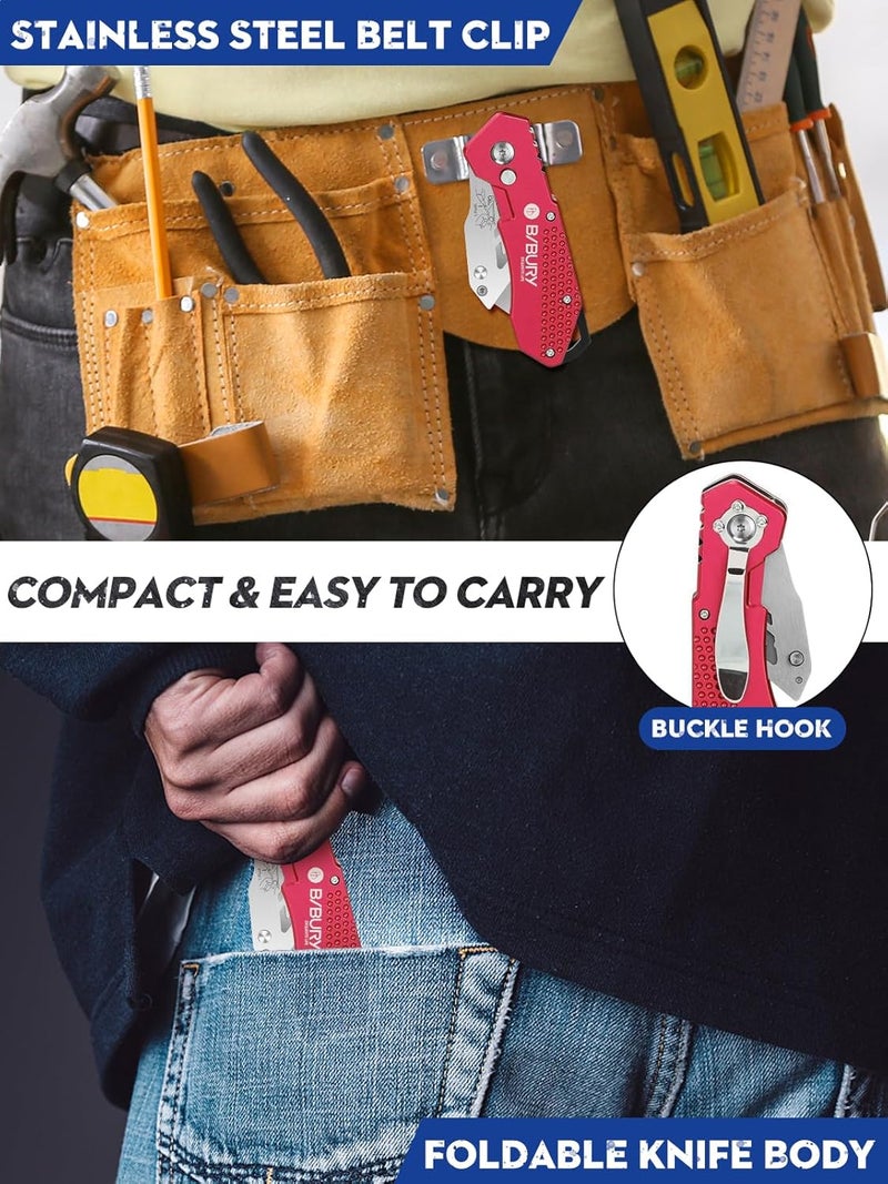 BIBURY سكين متعددة الاستخدامات، نسخة مطورة من قاطع الصناديق الثقيل، سكين سجادة محمولة مع 10 شفرات قابلة للاستبدال من الفولاذ المقاوم للصدأ SK5، مشبك حزام، زر تحرير سهل، تغيير سريع وقفل أمان - أحمر - Image 4