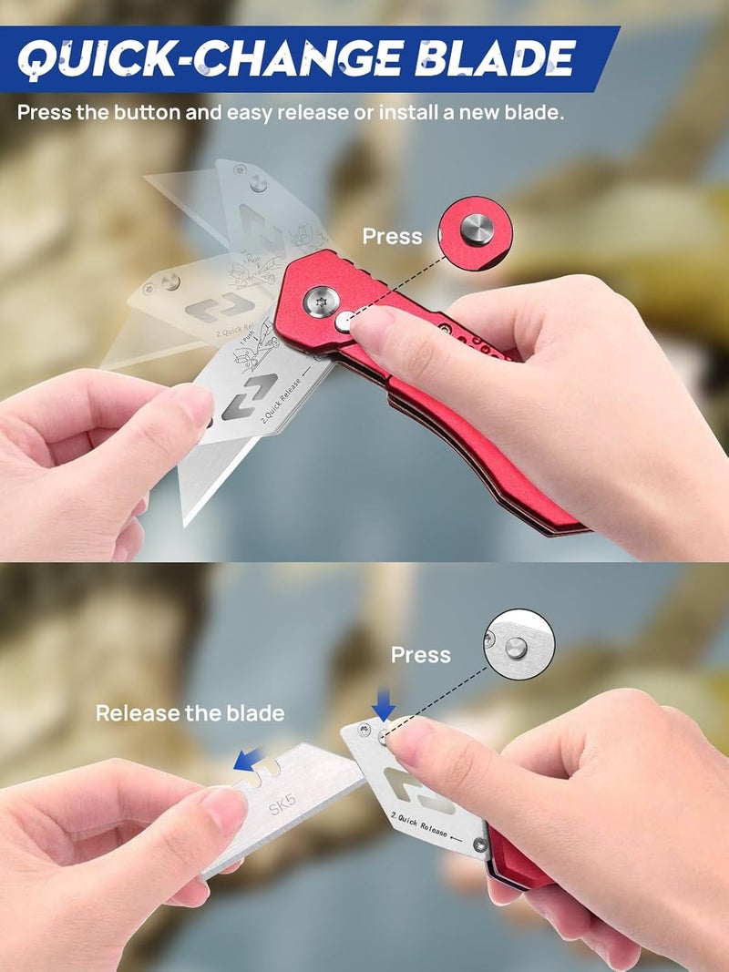 BIBURY سكين متعددة الاستخدامات، نسخة مطورة من قاطع الصناديق الثقيل، سكين سجادة محمولة مع 10 شفرات قابلة للاستبدال من الفولاذ المقاوم للصدأ SK5، مشبك حزام، زر تحرير سهل، تغيير سريع وقفل أمان - أحمر - Image 2