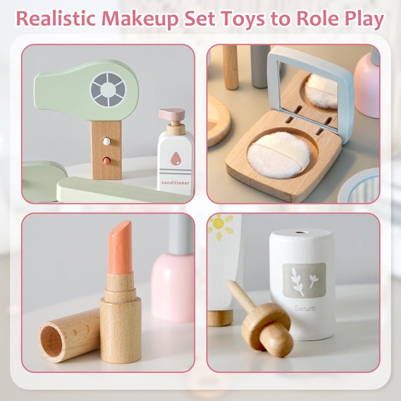 Smartwo 22 PCS Wooden Makeup Toy Set,Toddler Makeup Kit,Cute Fake Makeup Accessories with Storage Bag,Non-Toxic Pretend Roleplay Beauty Salon Toys,Kid Gift for Girls Boys 3 4 5 6 - Image 4