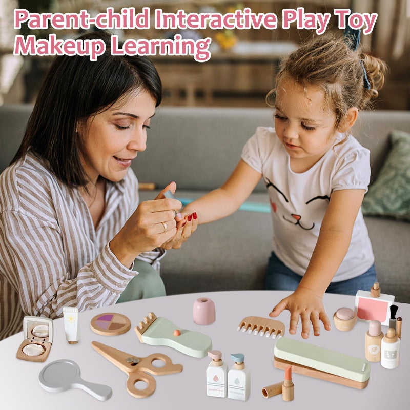 Smartwo 22 PCS Wooden Makeup Toy Set,Toddler Makeup Kit,Cute Fake Makeup Accessories with Storage Bag,Non-Toxic Pretend Roleplay Beauty Salon Toys,Kid Gift for Girls Boys 3 4 5 6 - Image 3
