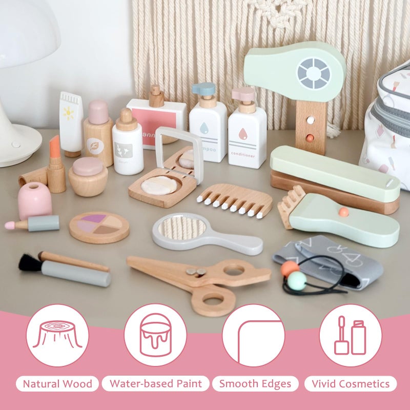 Smartwo 22 PCS Wooden Makeup Toy Set,Toddler Makeup Kit,Cute Fake Makeup Accessories with Storage Bag,Non-Toxic Pretend Roleplay Beauty Salon Toys,Kid Gift for Girls Boys 3 4 5 6 - Image 2