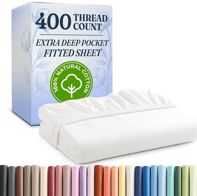 TWIN 400 THREAD COUNT COTTON FITTED SHEET HOTEL QUALITY 100 COTTON SOFT AND WRINKLE FREE DEEP POCKETS FITS MATTRESS PERFECTLY WITH NO POPOFF ELASTIC ONE FITTED BOTTOM SHEET ONLY WHITE