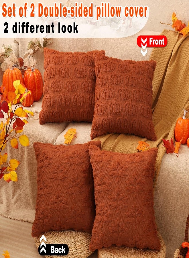 multiwins Halloween Decorations Set of 2 Double-Sided Halloween Pillow Covers 18" x 18", with 2 Different Looks, Pumpkin Bat & Pumpkin with Hat, Plush Faux Fur Throw Pillow Covers for Home Decor - Image 2