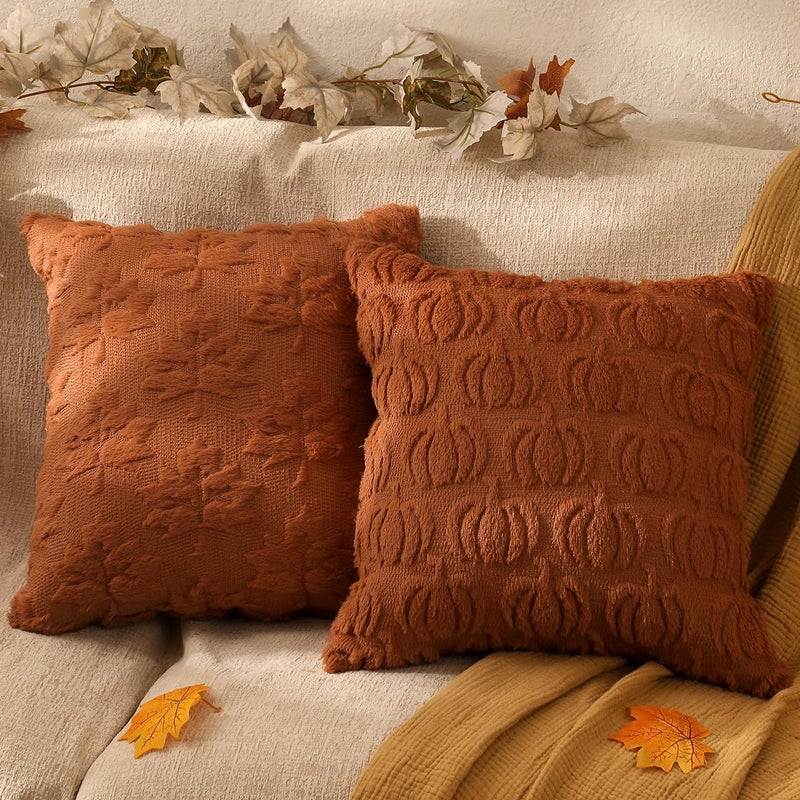multiwins Halloween Decorations Set of 2 Double-Sided Halloween Pillow Covers 18" x 18", with 2 Different Looks, Pumpkin Bat & Pumpkin with Hat, Plush Faux Fur Throw Pillow Covers for Home Decor - Image 1