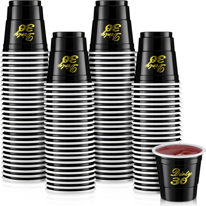 Domensi Domensi 100 Pcs Dirty 30 Shot Glass Disposable 2 oz Plastic Cups 30th Birthday Party Supplies Thirty Birthday Cups Decorations for Men and Women 30th Birthday Anniversary (Black Dirty 30) - Image 1