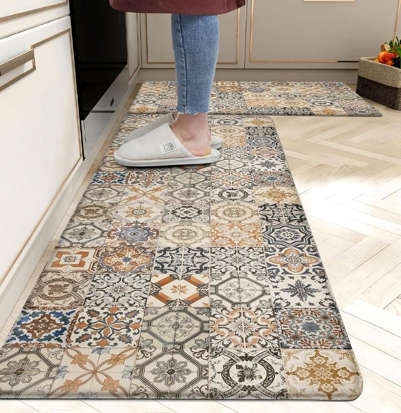 Home-Cloud HomeCloud Rectangular Rubber Kitchen Mats For Floor Set of 2 Pcs | Non-Skid, Soft Absorbent Rugs For Kitchen, Laundry, And Hallway | 120x40Cm, 40x60cm| 4MM Thickness (Blue_Orange_Multi) - Image 1