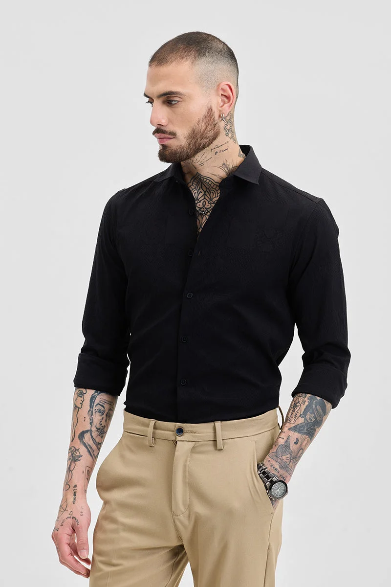 سنيتش Black Textured Long Sleeve Slim Fit Streetwear Shirt