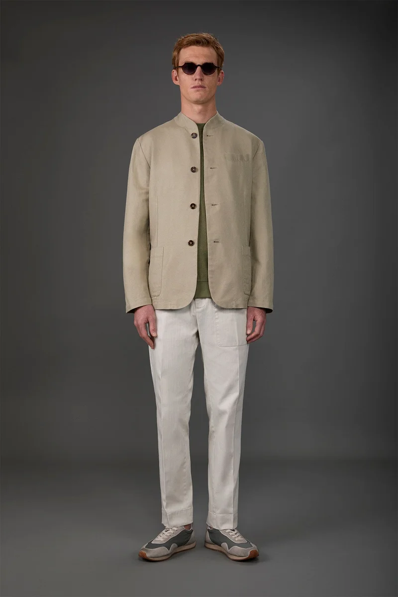 Men's unlined single-breasted jacket with mandarin collar - Sand