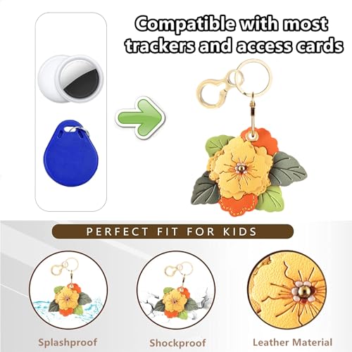 BORKUANA Leather Keychain Holder Case Compatible with AirTag,Cute Protective Cover with Keyring,Anti-Scratch Finder GPS Tracker Case for Wallet Keys,bag,pets(Begonia Flower B) - Image 4