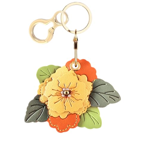 BORKUANA Leather Keychain Holder Case Compatible with AirTag,Cute Protective Cover with Keyring,Anti-Scratch Finder GPS Tracker Case for Wallet Keys,bag,pets(Begonia Flower B) - Image 1