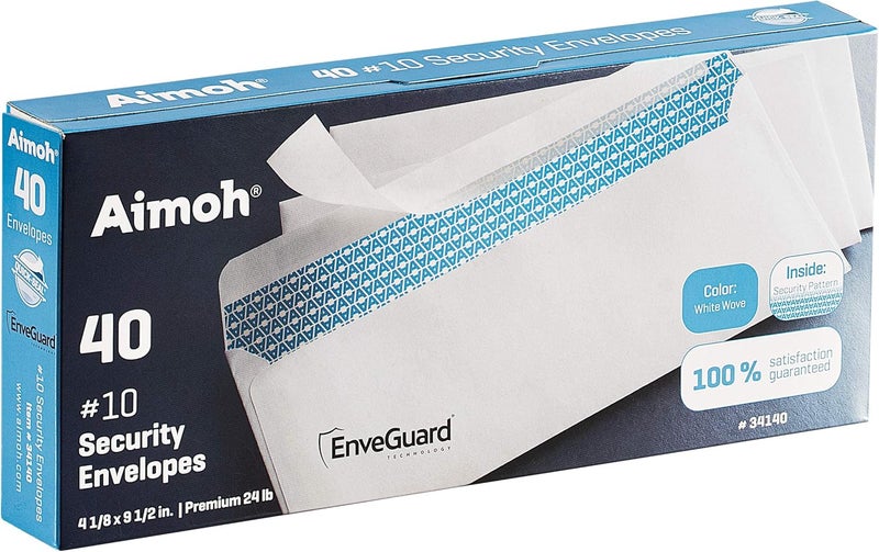 Aimoh 40#10 Security Tinted Self-Seal Envelopes - No Window, EnveGuard, Size 4-1/8 X 9-1/2 Inches - White - 24 LB - 40 Count (34140) - Image 1