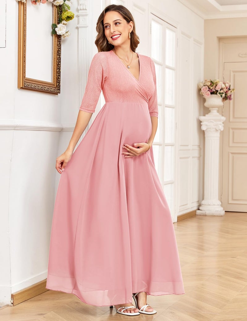 AISWI 3/4 Sleeve Maternity Dress Leaf Lace Contrast Chiffon V Neck Wrap A Line Flowy Pregnancy Dresses for Baby Shower, Light Pink, Small - Image 3