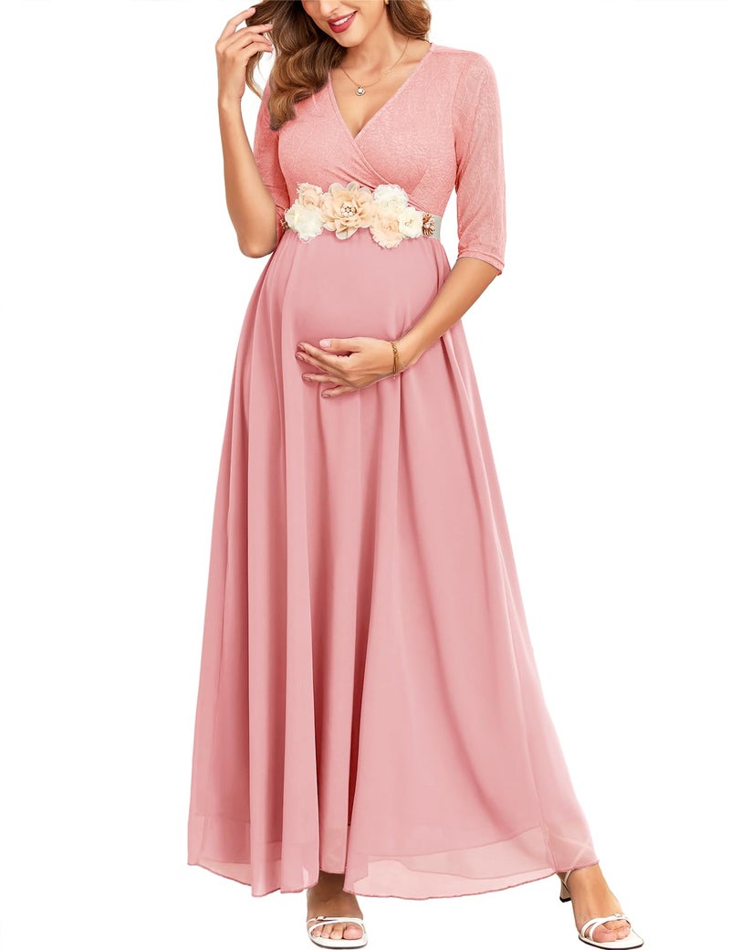 AISWI 3/4 Sleeve Maternity Dress Leaf Lace Contrast Chiffon V Neck Wrap A Line Flowy Pregnancy Dresses for Baby Shower, Light Pink, Small - Image 1