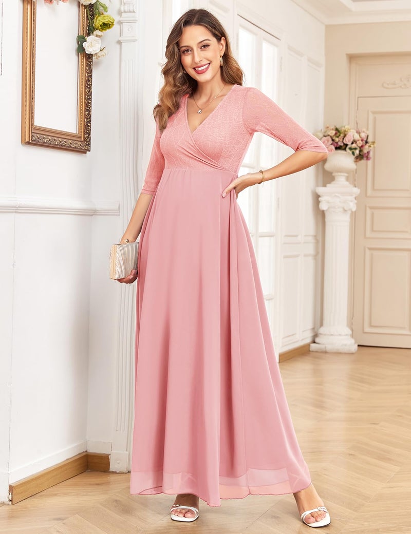 AISWI 3/4 Sleeve Maternity Dress Leaf Lace Contrast Chiffon V Neck Wrap A Line Flowy Pregnancy Dresses for Baby Shower, Light Pink, Small - Image 5