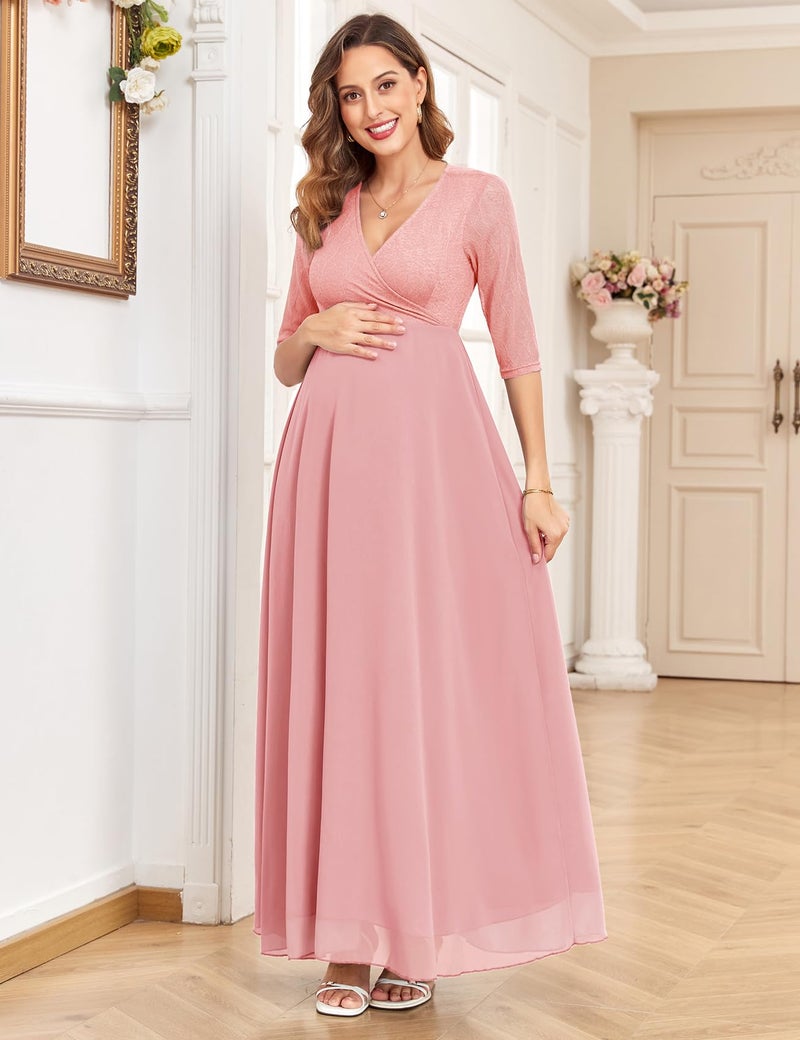 AISWI 3/4 Sleeve Maternity Dress Leaf Lace Contrast Chiffon V Neck Wrap A Line Flowy Pregnancy Dresses for Baby Shower, Light Pink, Small - Image 2