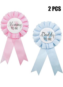 HY 2 Pieces Daddy and Mommy To Be Tinplate Badge Pin, Celebration Gender Reveal Party Favor New Dad Mom Gifts Rosette Buttons with Ribbon Baby Shower Decorations (Pink + Blue)  - Image 1